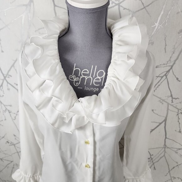 Elite Vintage White Ruffle Button Up Blouse 70's Hippie - Picture 2 of 5